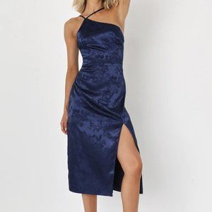 Desirable Dream Navy Blue Satin Jacquard Halter Neck Midi Dress